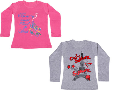

IndiWeaves Girls Printed Cotton T Shirt(Multicolor, Pack of 2, Grey;pink