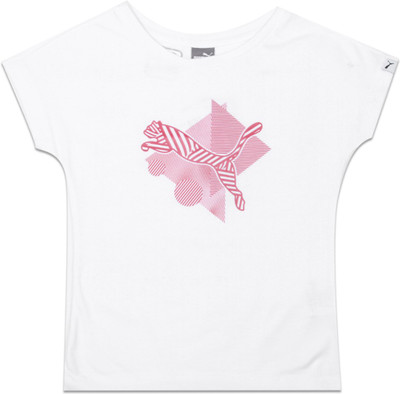 

Puma Girls Printed Cotton T Shirt(White, Pack of 1