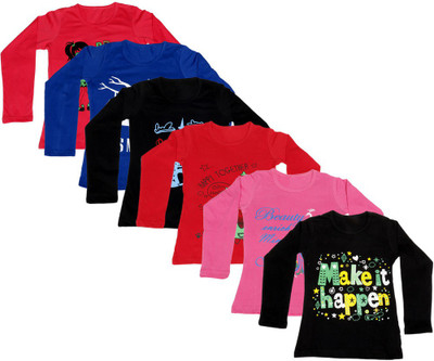 

IndiWeaves Girls Printed Cotton T Shirt(Multicolor, Pack of 6, Black;blue;pink;red