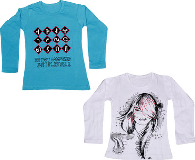 

IndiWeaves Girls Printed Cotton T Shirt(Multicolor, Pack of 2, Blue;white
