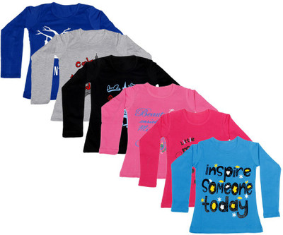 

IndiWeaves Girls Printed Cotton T Shirt(Multicolor, Pack of 6, Black;blue;grey;pink;red