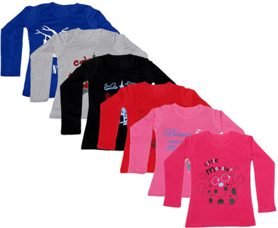 

IndiWeaves Girls Printed Cotton T Shirt(Multicolor, Pack of 6, Black;blue;grey;pink;red