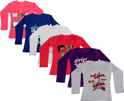 

IndiWeaves Girls Printed Cotton T Shirt(Multicolor, Pack of 6, Dark blue;grey;pink;purple;red;white