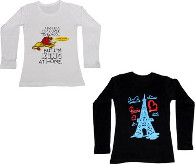 

IndiWeaves Girls Printed Cotton T Shirt(Multicolor, Pack of 2, Black;red