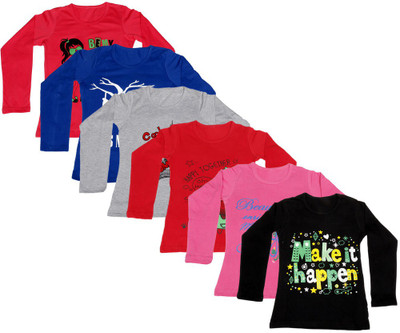 

IndiWeaves Girls Printed Cotton T Shirt(Multicolor, Pack of 6, Black;blue;grey;pink;red