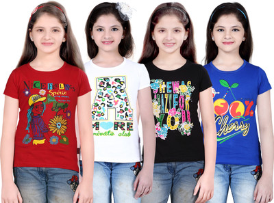 SINI MINI Girls Cotton Blend Top(Multicolor, Pack of 4)