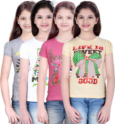 

Sini Mini Girls Casual Cotton Top(Multicolor, Pack of 4, Beige;pink;silver;white