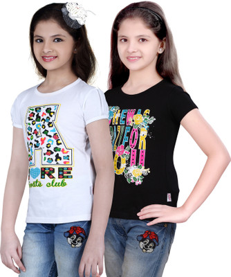 

FabTag - Sini Mini Girls Printed T Shirt(White, Pack of 2, White & black