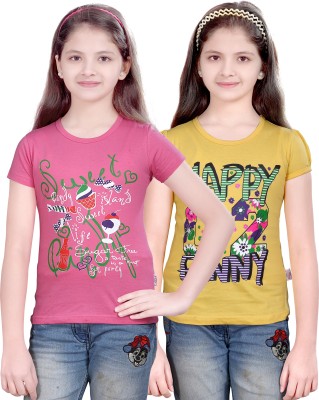FabTag  - SINI MINI Girls Printed Cotton Blend T Shirt(Multicolor, Pack of 2)