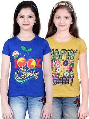 FabTag  - SINI MINI Girls Printed Cotton Blend T Shirt(Dark Blue, Pack of 2)
