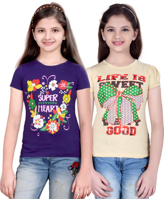 

Sini Mini Girls Casual Cotton Top(Multicolor, Pack of 2, Beige;purple