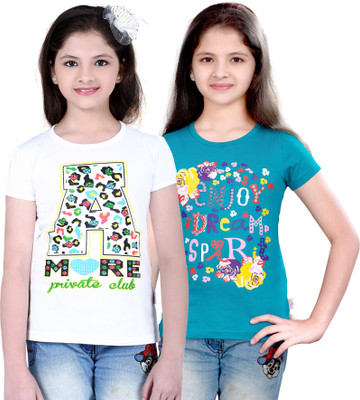 

FabTag - Sini Mini Girls Printed T Shirt(Blue, Pack of 2, Blue & white
