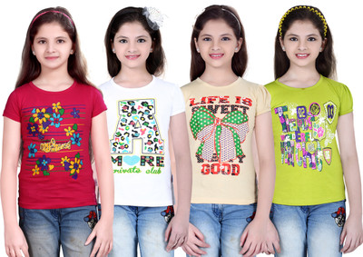 SINI MINI Girls Casual Cotton Blend Top(Multicolor, Pack of 4)