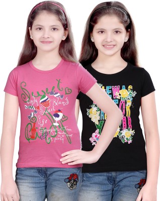 FabTag  - SINI MINI Girls Printed Cotton Blend T Shirt(Multicolor, Pack of 2)