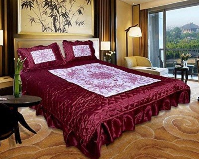 PREPLE 310 TC Satin Double Printed Flat Bedsheet(Pack of 1, Maroon, white)