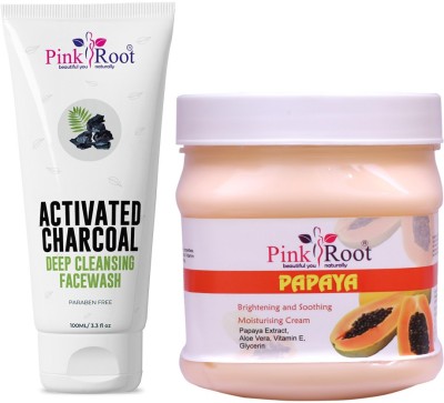 PINKROOT Activated Charcoal Deep Cleansing Face Wash 100ml with Papaya Cream Brightening and Soothing Moisturising Cream Papaya Extract, Aloe Vera, Vitamin E, Glycerin 500gm(2 Items in the set)