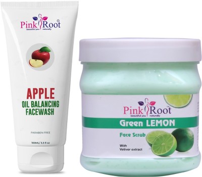 PINKROOT Apple Oil Balancing Face Wash 100ml with Green Lemon Scrub Face Scrub With Vetiver extract(2 Items in the set)