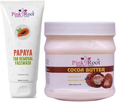 PINKROOT Papaya Tan Removal Face Wash 100ml with Cocoa Butter Cream Moisturising & Nourishing Cream with Almond Oil 500gm(2 Items in the set)