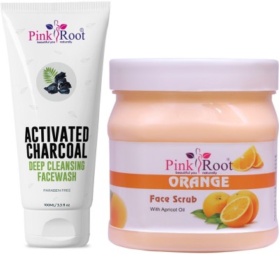 PINKROOT Activated Charcoal Deep Cleansing Face Wash 100ml with Orange Scrub With Apricot Oil 500gm(2 Items in the set)