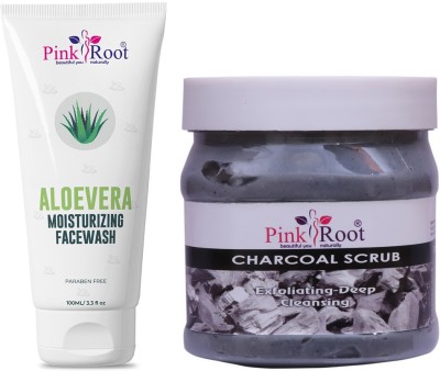 PINKROOT Aloe Vera Moisturizing Face Wash 100ml with Charcoal Scrub Exfoliating-Deep Cleansing 500gm(2 Items in the set)