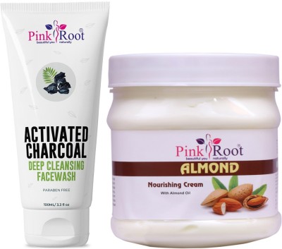 PINKROOT Activated Charcoal Deep Cleansing Face Wash 100ml with Almond Cream Nourishing Cream with Almond Oil 500gm(2 Items in the set)