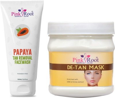 PINKROOT Papaya Tan Removal Face Wash 100ml with DE-TAN Mask Enriched with Milk & Honey extract 500gm(2 Items in the set)