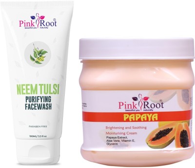 PINKROOT Neem Tulsi Purifying Face Wash 100ml with Papaya Cream Brightening and Soothing Moisturising Cream Papaya Extract, Aloe Vera, Vitamin E, Glycerin 500gm(2 Items in the set)