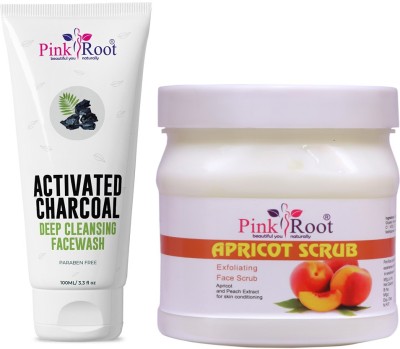 PINKROOT Activated Charcoal Deep Cleansing Face Wash 100ml with Apricot Scrub Exfoliating Face Scrub Apricot and Peach Extract for Skin Conditioning(2 Items in the set)