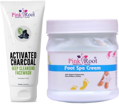 PINKROOT Activated Charcoal Deep Cleansing Face Wash 100ml with Foot Spa Cream with Organic Peppermint, Shea Butter & Honey 500gm(2 Items in the set)