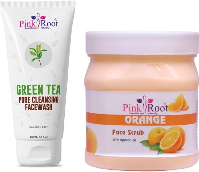 PINKROOT Green Tea Pore Cleansing Face Wash 100ml with Orange Scrub With Apricot Oil 500gm(2 Items in the set)