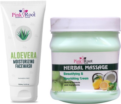 PINKROOT Aloe Vera Moisturizing Face Wash 100ml with Herbal Massage Beautifying & Nourishing Cream Natural Extracts and Ingredients 500gm(2 Items in the set)