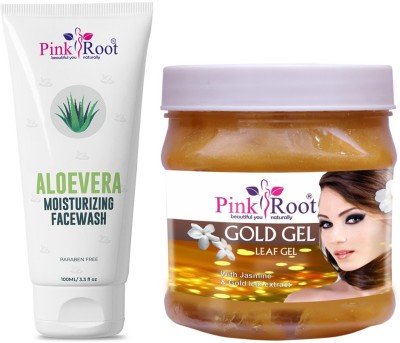 PINKROOT Aloe Vera Moisturizing Face Wash 100ml with Gold Gel Leaf Gel With Jasmine & Gold leaf extract 500gm(2 Items in the set)