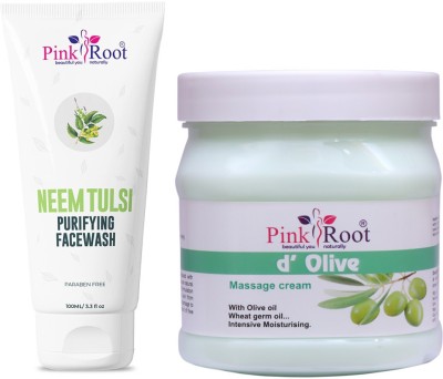 PINKROOT Neem Tulsi Purifying Face Wash 100ml with D'Olive Cream Massage Cream with Olive Oil Wheat germ Oil 500gm(2 Items in the set)