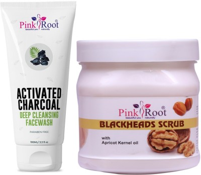 PINKROOT Activated Charcoal Deep Cleansing Face Wash 100ml with Blackheads Scrub with Apricot Kernel oil 500gm(2 Items in the set)