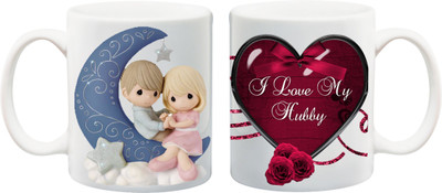 Stylotrendz Combo of moon and stars and i love my hubby valentines special Ceramic Coffee Mug(325 ml, Pack of 2)