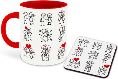 whats your kick Love Inspiration Printed Red Inner Colour Ceramic Coffee With Coaster- Best Love Quotes, Couple, Best Gift | For Love, Valentine day ( 4) Ceramic Coffee Mug(325 ml, Pack of 2)