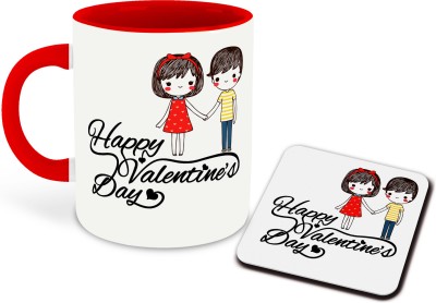 whats your kick Valentine day Inspiration Printed Red Inner Colour Ceramic Coffee With Coaster- Best Valentine day Gift, Couple, Best Gift | For boy friend, girl friend, ( 1) Ceramic Coffee Mug(325 ml, Pack of 2)