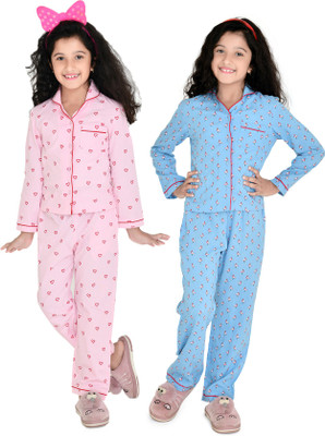 the snug studio Girls Printed Blue, Pink Shirt & Pyjama set