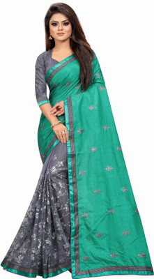Barkiya Creation Embroidered Bollywood Silk Blend, Net Saree(Green, Grey)