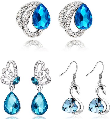 Sukkhi Classy Rhodium Plated Crystals from Swarovski Dangle Set of 3 Earring Combo For Women Crystal Alloy Drops & Danglers