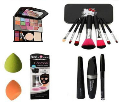 BR Belle Rosa Makeup Kit 5024 & 3in1 & Hello Kitty Brush Set & Charcoal Blackhead Mask & 2 Puff Sponges (6 Items in the set)(Pack of 6)