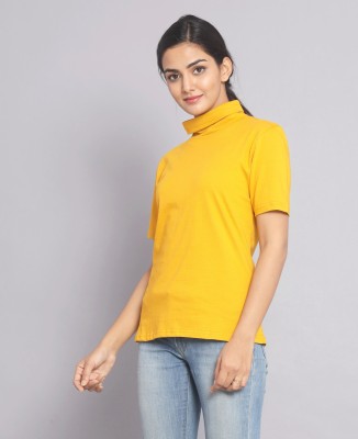 ELEPANTS Solid Women Turtle Neck Yellow T-Shirt