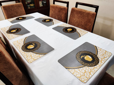 Groki Rectangular Pack of 6 Table Placemat(Black, Gold, PVC)