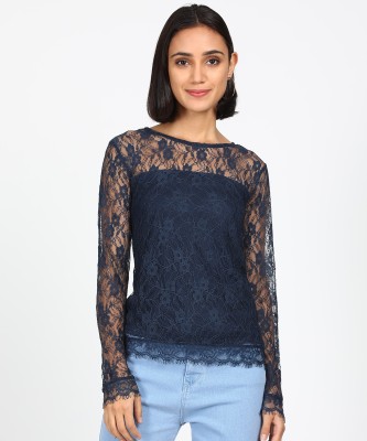 Ms.Taken Casual Full Sleeve Lace Women Blue Top