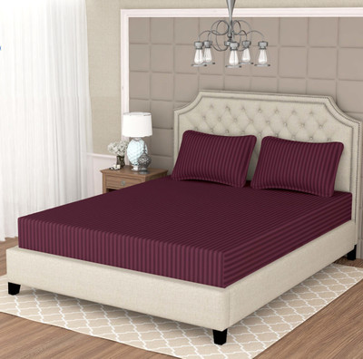 AMORET 260 TC Cotton Double Striped Flat Bedsheet(Pack of 1, Maroon)