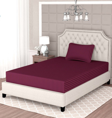 BEAUME Cotton Single Flat 260 TC Striped Bedsheet(Pack of 1, Maroon)