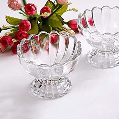 promise plus group Glass Cereal Bowl Crystal Cut Glass Flower Shape Ice Cream Bowl 200ml(Pack of 6, Clear)
