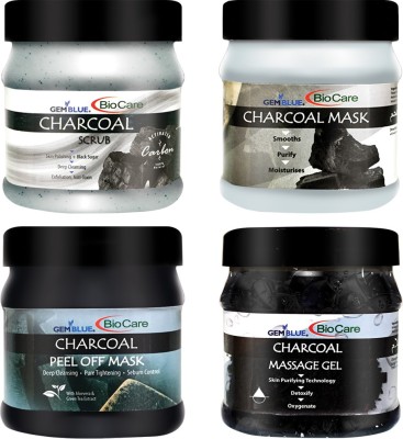 GEMBLUE BIOCARE Charcoal Scrub + Mask + Peel off mask + Gel,500ml each Suitable All Skin types PACK OF 4(4 Items in the set)