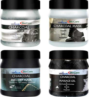 GEMBLUE BIOCARE Charcoal Scrub + Mask + Peel off mask + Gel,500ml each Suitable All Skin types PACK OF 4(4 Items in the set)