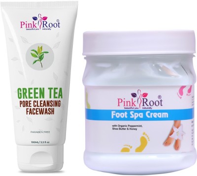 PINKROOT Green Tea Pore Cleansing Face Wash 100ml with Foot Spa Cream with Organic Peppermint, Shea Butter & Honey 500gm(2 Items in the set)